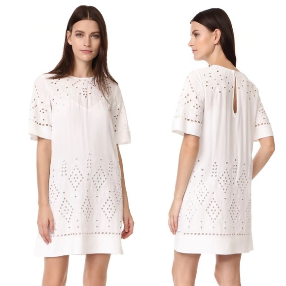 Theory Idetteah Embroidered Cut Out Ghost Crepe Shift Dress Ivory - Picture 2 of 10
